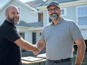 Two men, a public insurance adjuster and roofing contractor, shake hands at the job site of a roof replacement.
