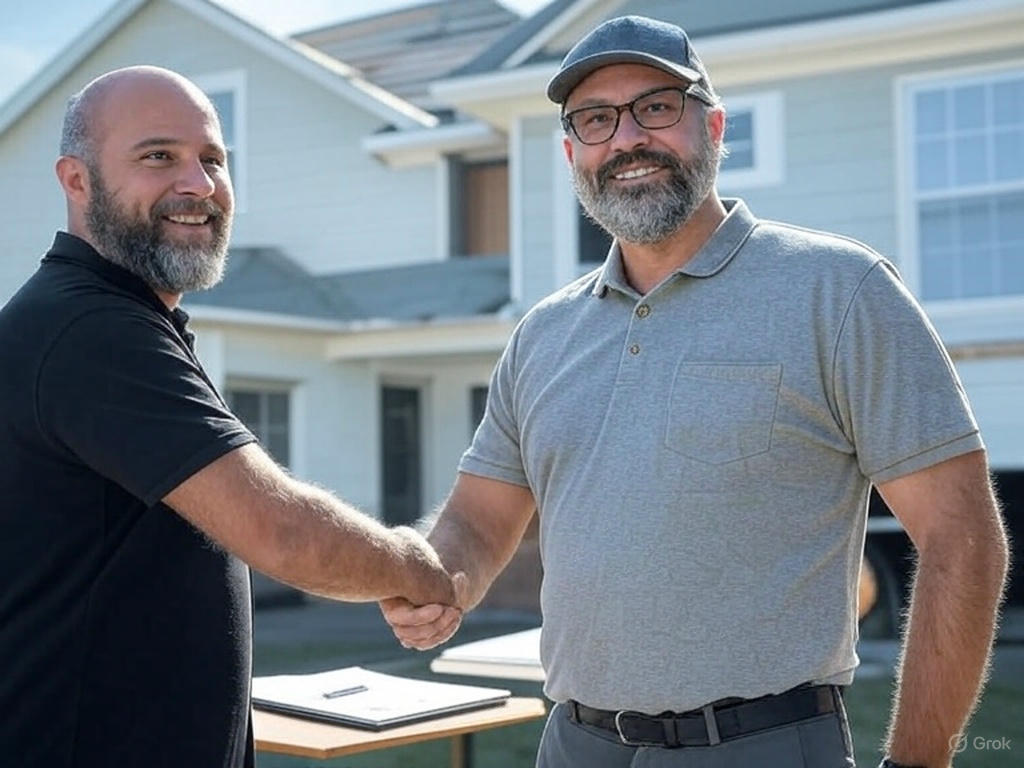 Two men, a public insurance adjuster and roofing contractor, shake hands at the job site of a roof replacement.